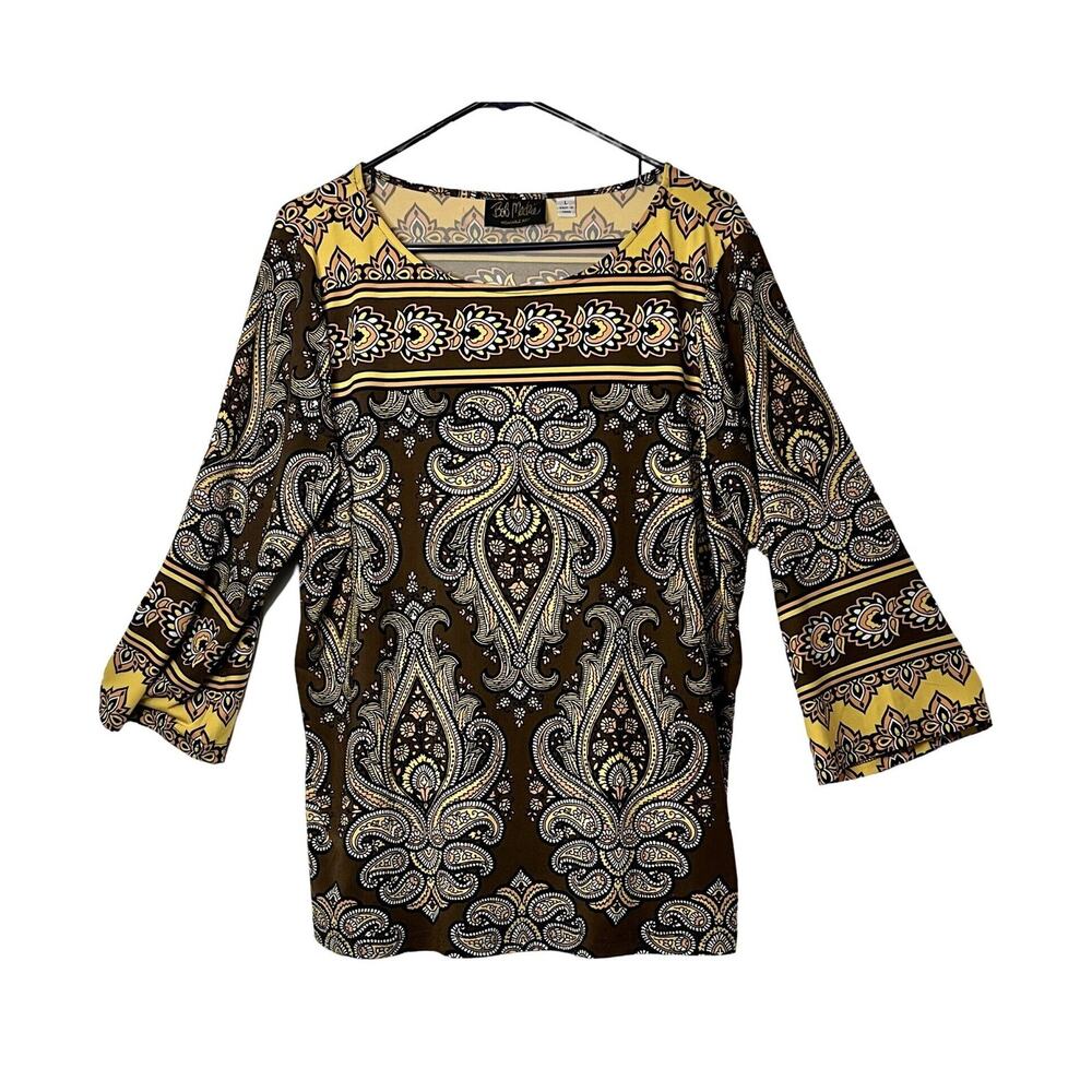 Bob Mackie Top Size L Yellow Brown Pullover Tunic Wearable Art Boho Artsy Light